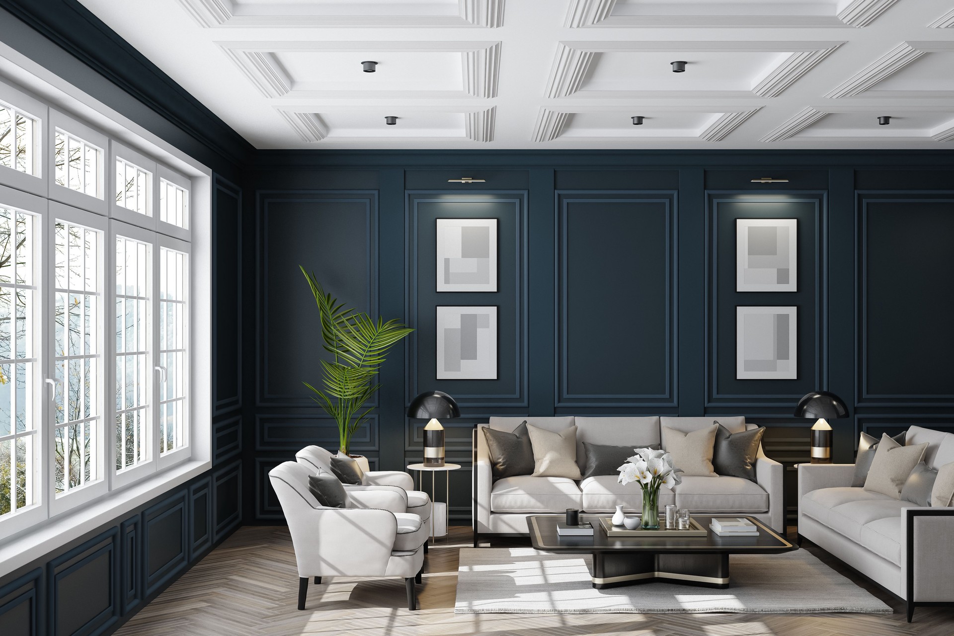 Elegant Neo-Classical Paris Luxury Style Living Room with Modern Blue Walls and White Furniture