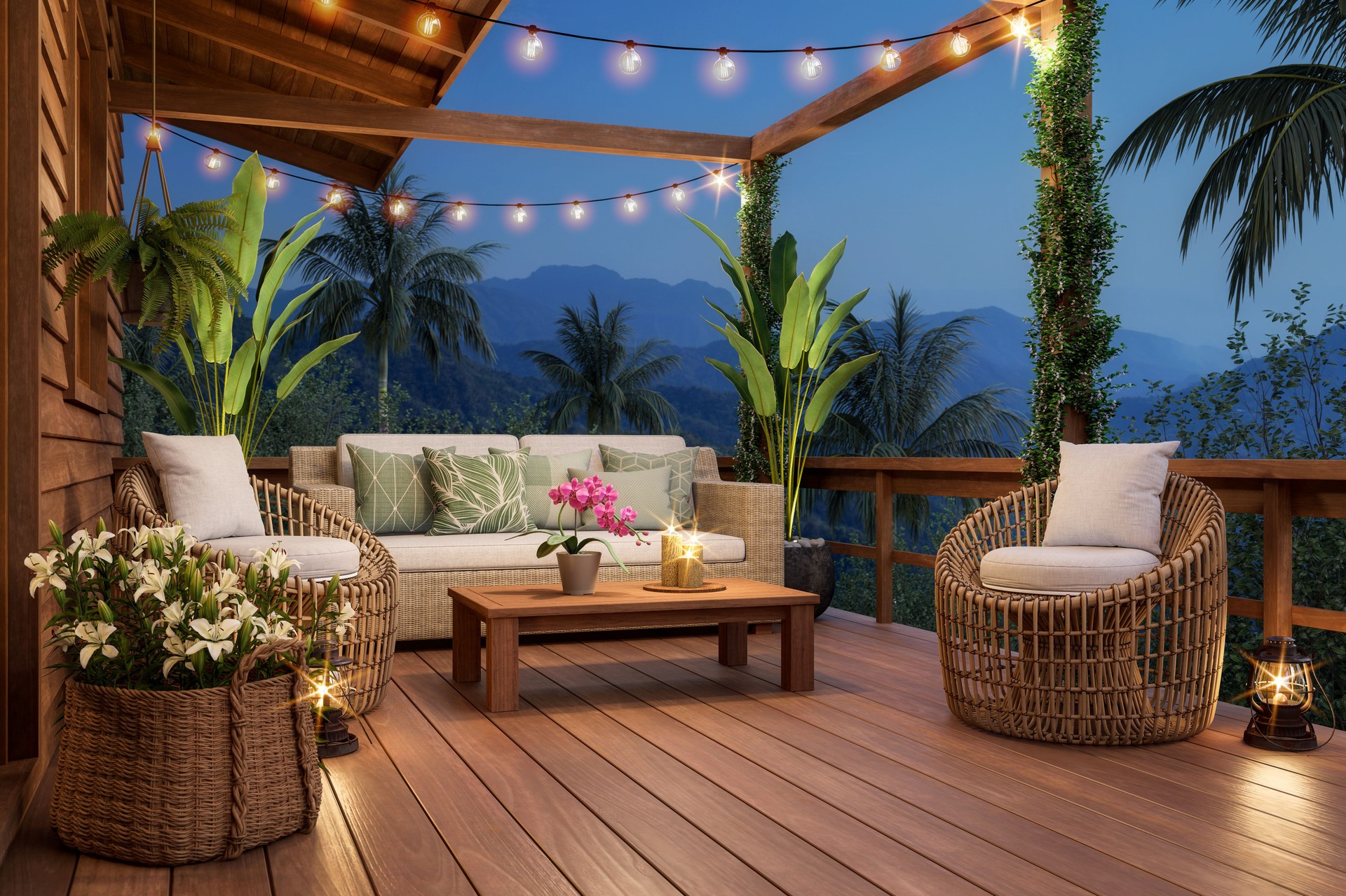 Relaxing night scene of wooden house balcony with mountain 3d render