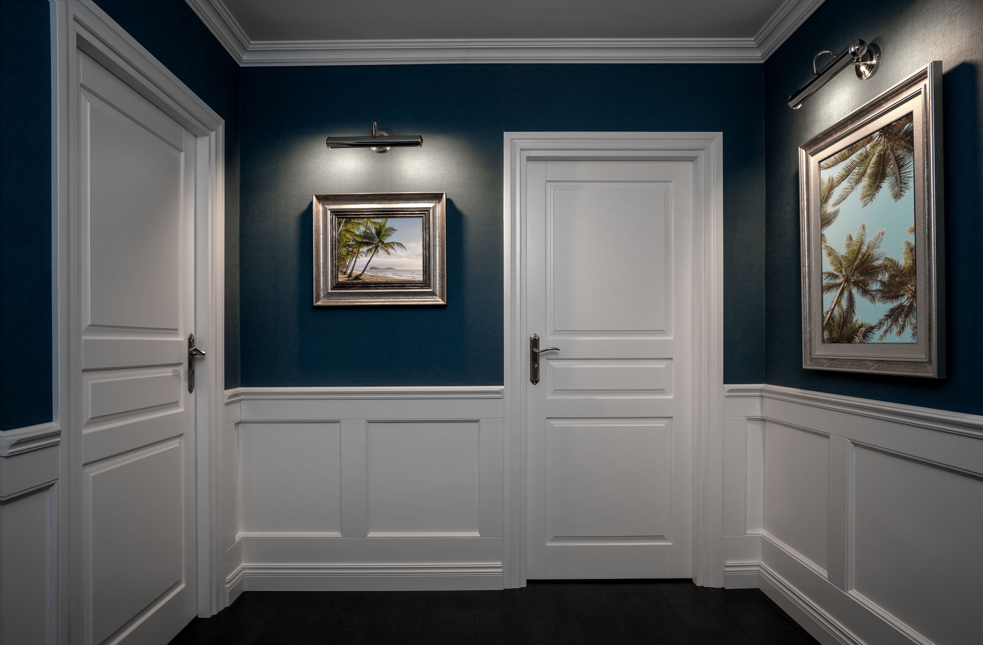 Empty elegant hallway. Dark but elegant fresh coat of paint, crisp white trim.